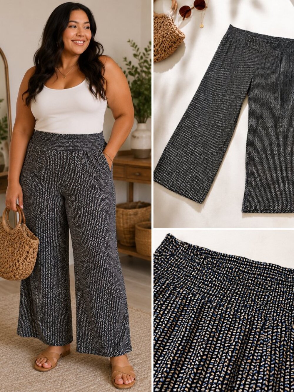 Premise Studio Flowy Wide-Leg Palazzo Pants | Black & Ivory Print | Plus Size 3X